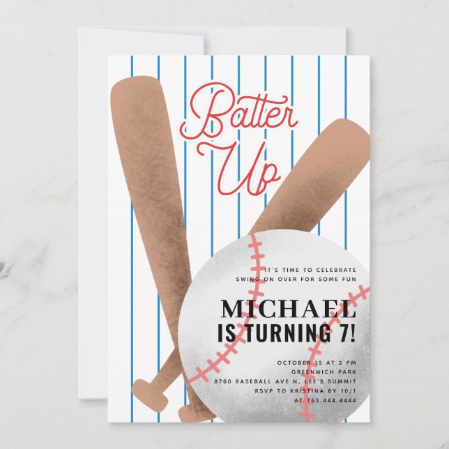 Batter Up Baseball Birthday Party Invitation (Front)