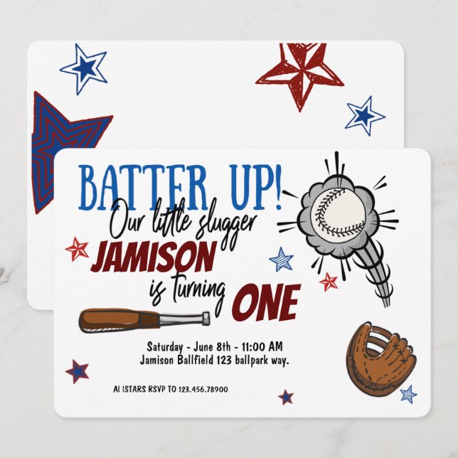 BATTER UP|Baseball|Little Slugger|Birthday Invitation (Front/Back)
