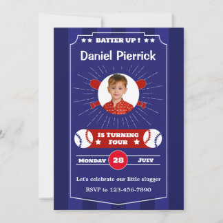 Batter Up! Blue & Red Baseball 4th Birthday Party Invitation