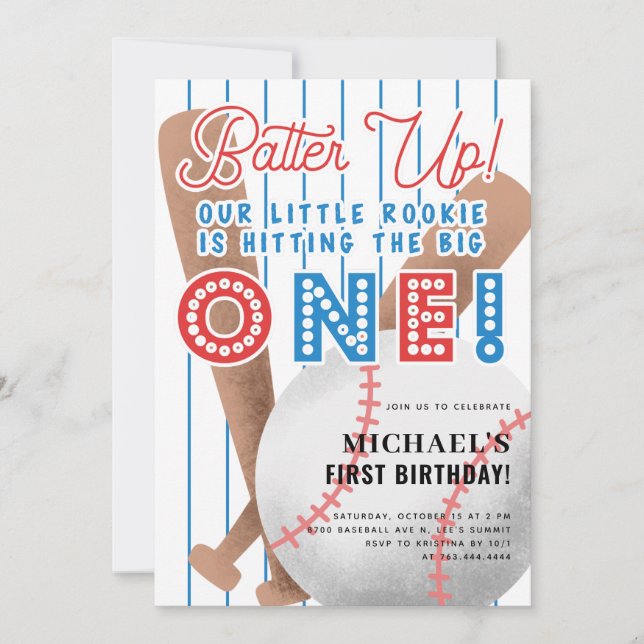 Batter Up Little Rookie Baseball 1st Birthday Invitation (Front)