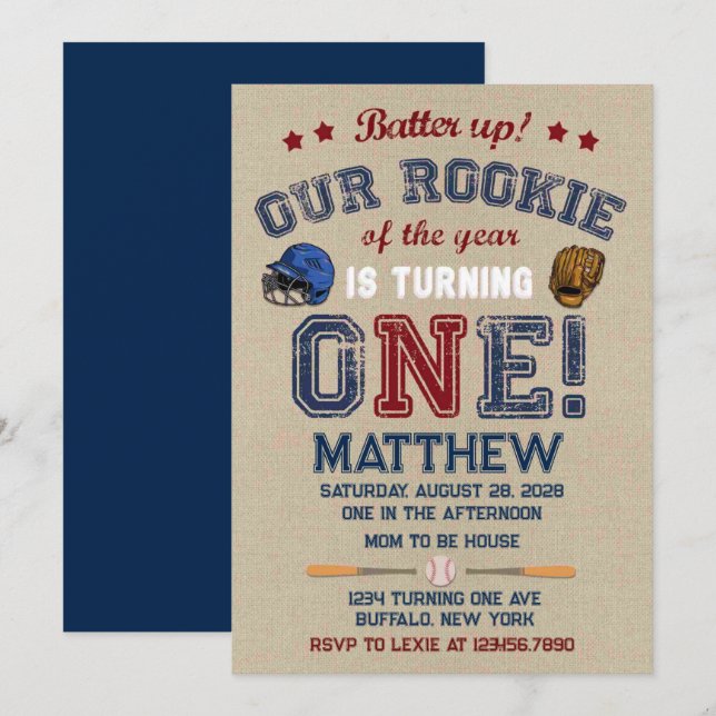 Batter Up Our Little Rookie Is Turning One Invitation (Front/Back)