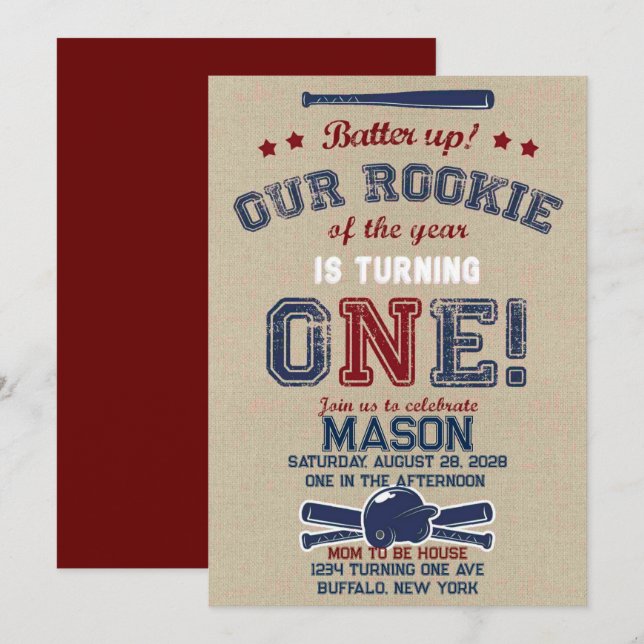 Batter Up Our Little Rookie Is Turning One  Invitation (Front/Back)