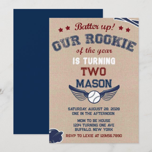 Batter Up Our Little Rookie Is Turning Two Invitation (Front/Back)