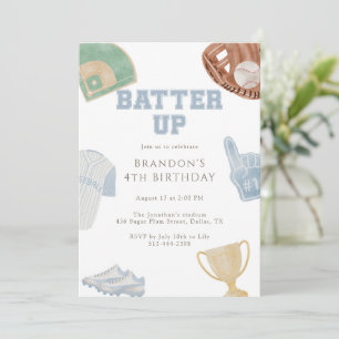 Batter up Preppy Blue Baseball Bow 4th Birthday  Invitation