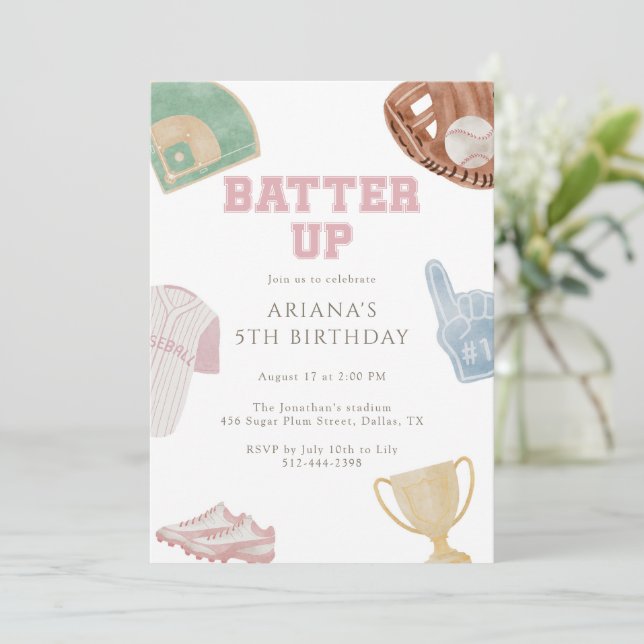 Batter up Preppy Pink Baseball Bow 5th Birthday  Invitation (Standing Front)