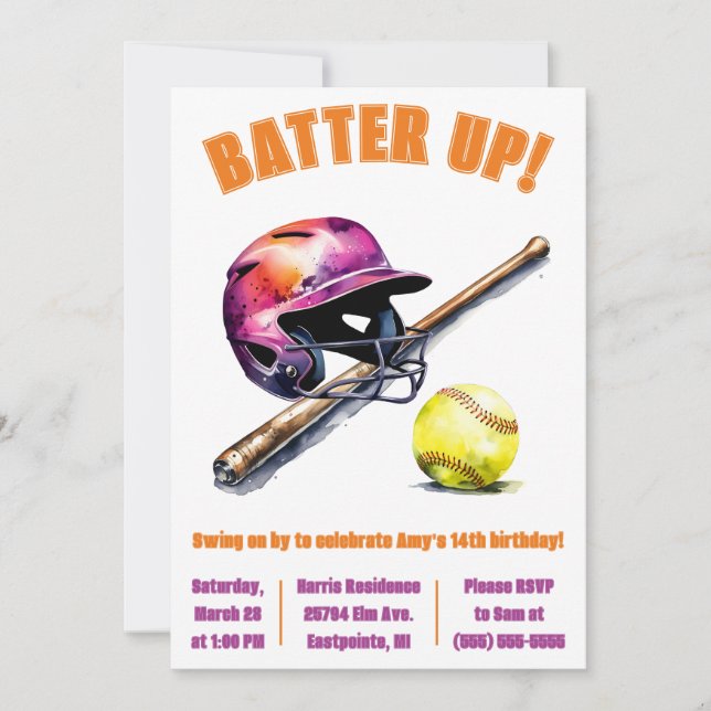 Batter Up!  Swing on By! Softball Birthday Party Invitation (Front)
