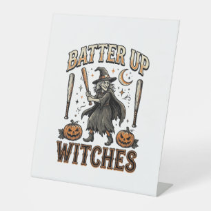 Batter Up Witches Vintage Halloween Baseball Desig Pedestal Sign