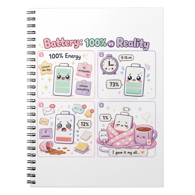 Battery 100% vs Reality Funny Low Battery Kawaii Notebook (Front)