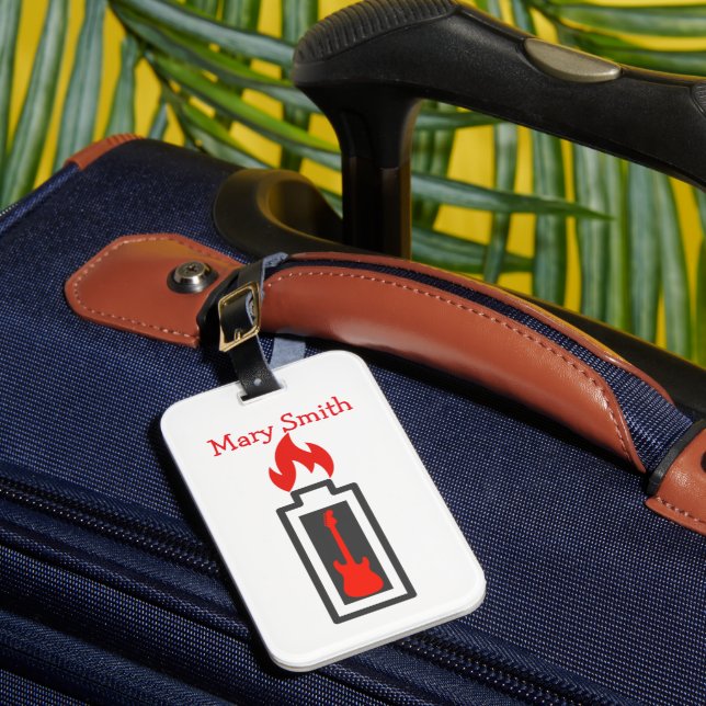 Battery, Guitar and Flame Luggage Tag (Front Insitu 1)