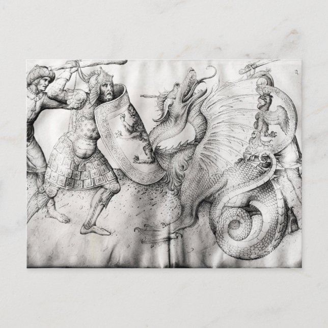 Battle between warriors and a dragon, c.1450 postcard (Front)