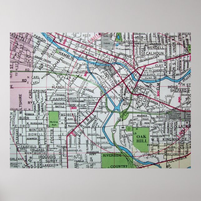 Battle Creek, MI Vintage Map Poster (Front)