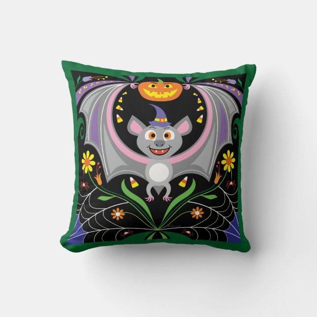 Batty Midnight Pumpkin Patch Throw Pillow (Front)