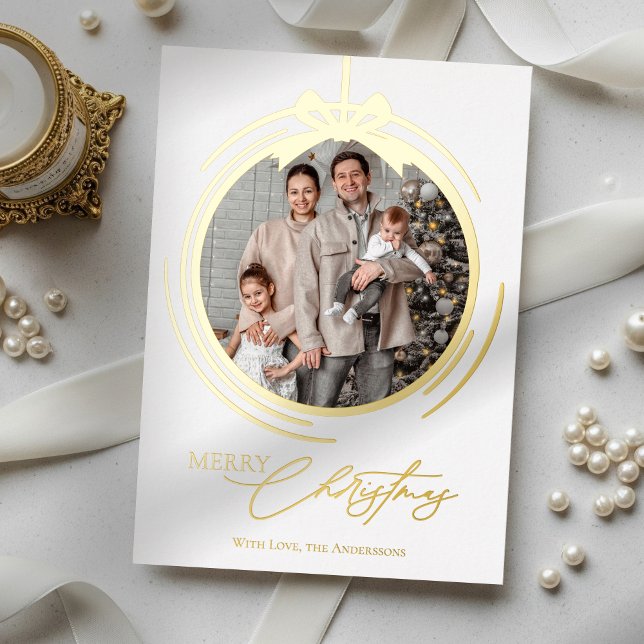 Bauble Ornament Calligraphy Christmas One Photo Foil Holiday Card (Creator Uploaded)