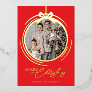 Bauble Ornament Calligraphy Christmas One Photo Foil Holiday Card