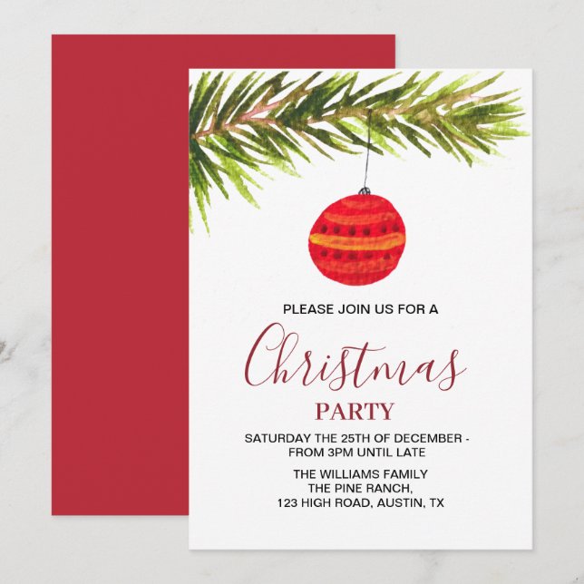 Bauble Vintage Retro Red Christmas Party  Invitation (Front/Back)