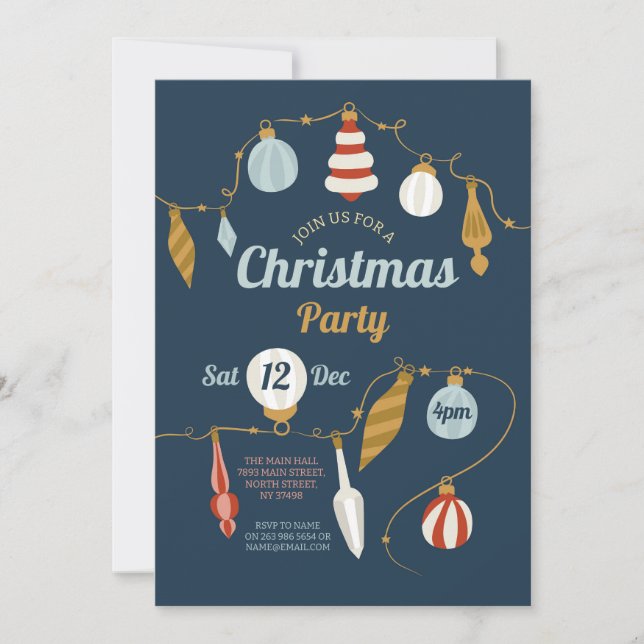 Baubles Noël Invitation Vintage Gold Navy (Devant)