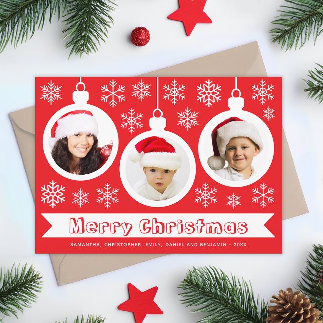Baubles Photo Collage Red & White Merry Christmas  Holiday Card (Creator Uploaded)