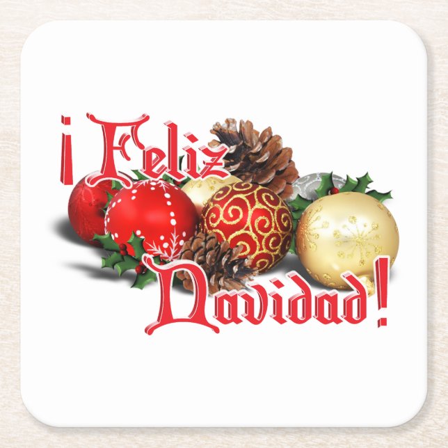 Baubles & Pine Cones - Feliz Navidad Square Paper Coaster (Front)