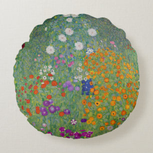 Bauerngarten, Oil Painting, Gustav Klimt Round Pillow