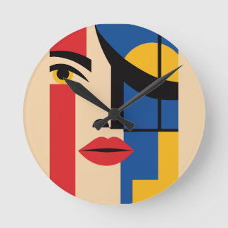 Bauhaus Geometric Abstract Woman Portrait Art Round Clock