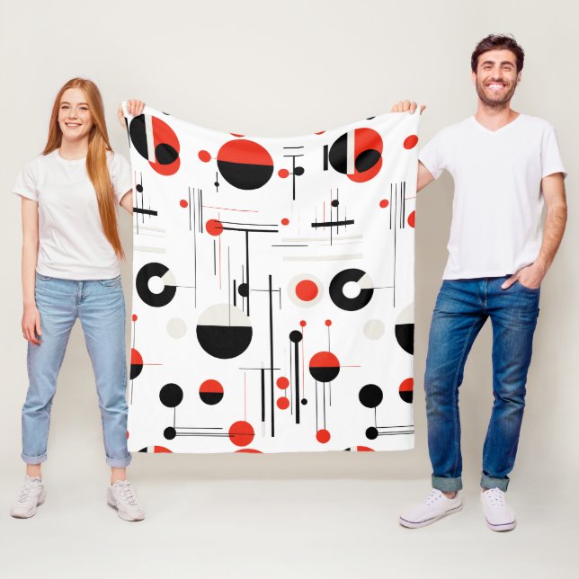 Bauhaus geometric shapes in black red on white fleece blanket (In Situ)