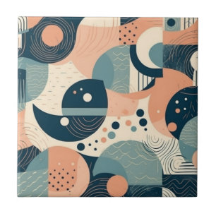 Bauhaus Inspired Abstract Circles Lines Navy Ochre Tile