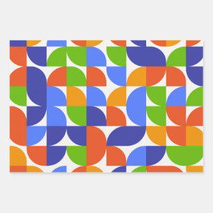 Bauhaus Mid Century Pattern Blue, Orange, Green  Wrapping Paper Sheet