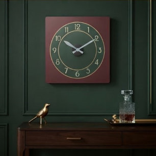 Bauhaus Red Green and Gold Minimalist Modernist Square Wall Clock