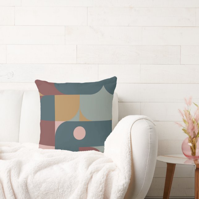 Bauhaus Style Brown, Teal, Tan Throw Pillow (Couch)