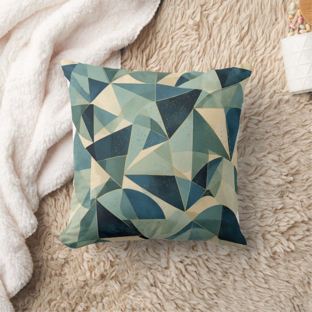Bauhaus Style Geometric Sage and Blue Lumbar Throw Pillow (Blanket)