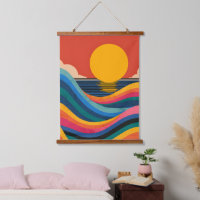 Bauhaus Sunset Ocean Waves Topped Wall Tapestry