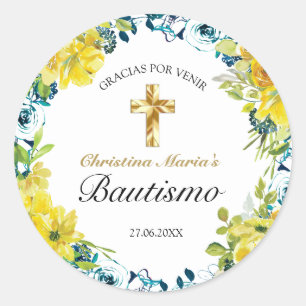 Bautismo de Niña Bonita Cruz Floral Amarillo Classic Round Sticker