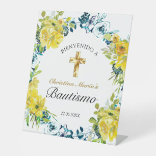 Bautismo de Niña Bonita Cruz Floral Amarillo  Pedestal Sign