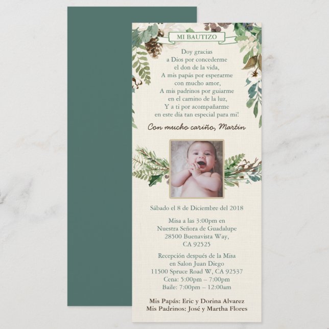 Bautismo Latino Boy Baptism Invites, Winter Leaves Invitation (Front/Back)