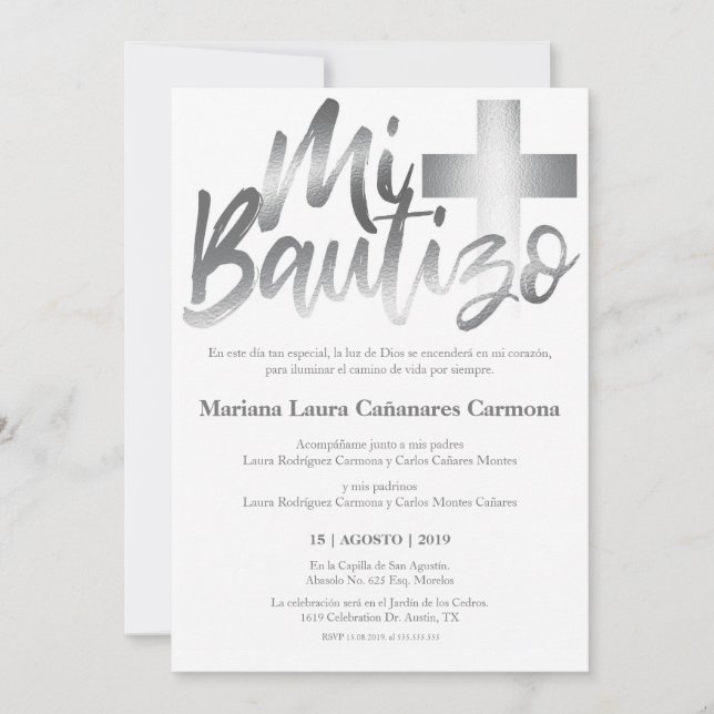 Bautizo Baptism Spanish Language Faux SILVER Invitation (Front)