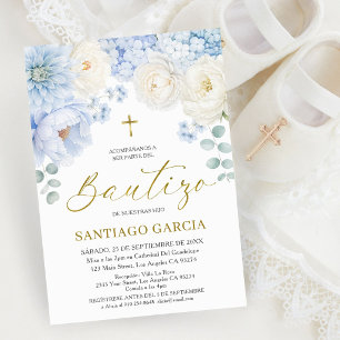 Bautizo Blue Floral Spanish Boy Baptism Invitation