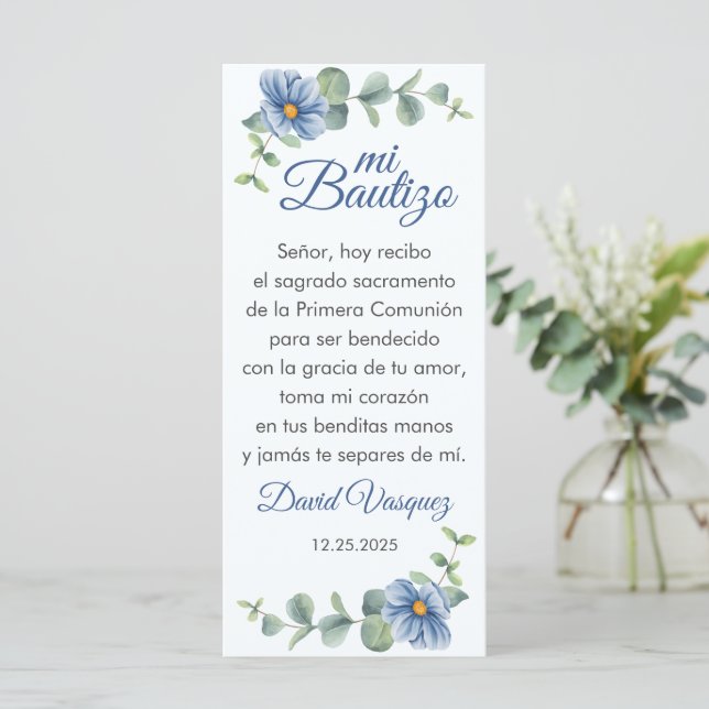 Bautizo Bookmark Favour Green Leaves Blue Flowers (Standing Front)