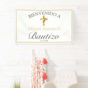 Bautizo de Bebé Blanco Clásico Dorado Bienvenido Banner