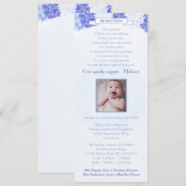 Bautizo Español | Blue Hydrangeas Spanish Baptism Invitation (Front/Back)