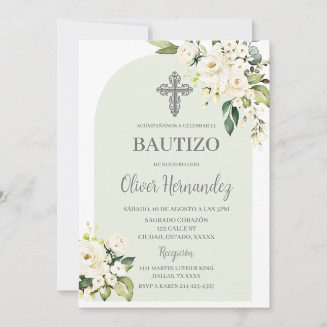 Bautizo Floral Blanc Invitation Espagnole (Devant)