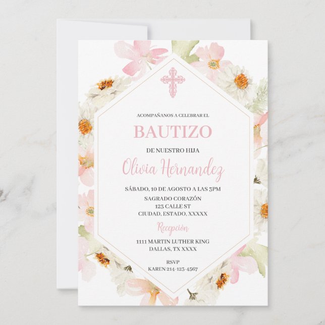 Bautizo Floral rose Invitation espagnole (Devant)