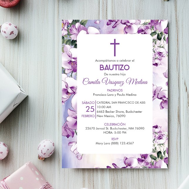 Bautizo Invitación Baptism Cute Purple Flowers Invitation (Creator Uploaded)