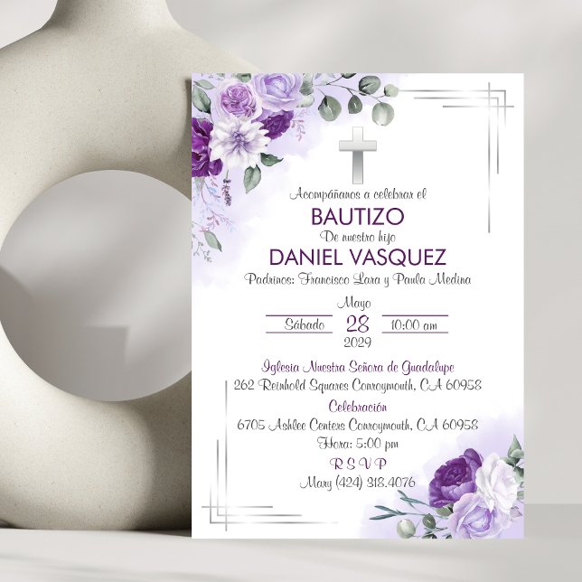 Bautizo Invitación Baptism Cute Purple Flowers Invitation (Creator Uploaded)
