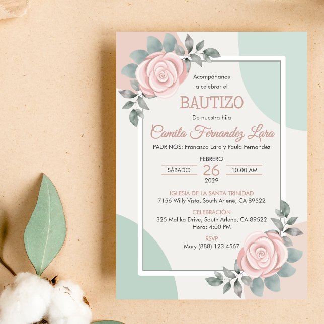 Bautizo Invitacion Cute Pink Roses Flowers Baptism Invitation (Creator Uploaded)