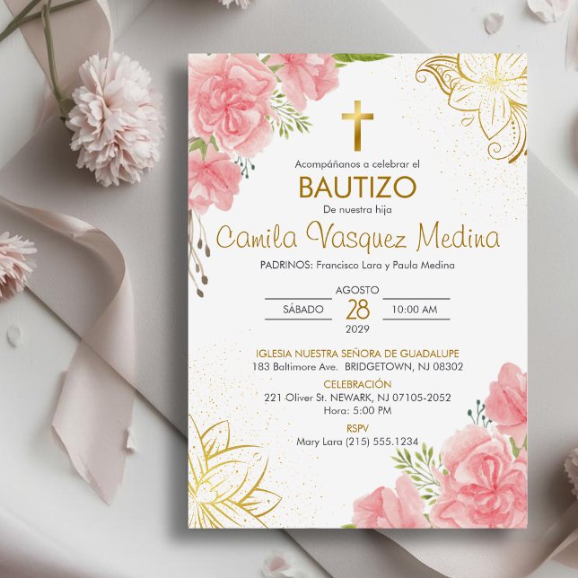 Bautizo Invitacion in spanish Baptism Pink Flowers Invitation (Creator Uploaded)