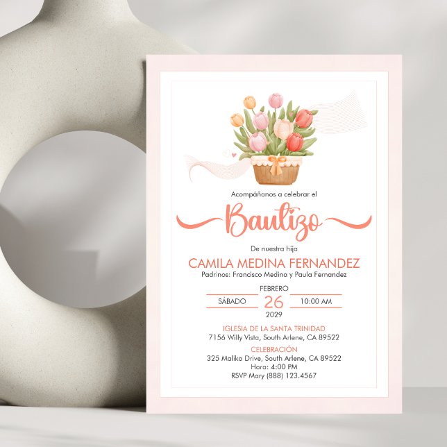 Bautizo Invitacion Pink Tulips Catholic Baptism Invitation (Creator Uploaded)