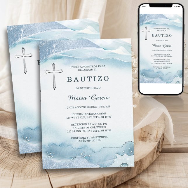 Bautizo Niño Azul Cruz Invitation (Creator Uploaded)