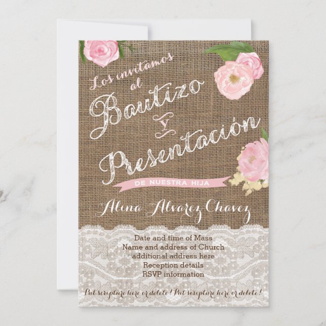 Bautizo y presentación, niña, arpillera, encaje invitation (Front)