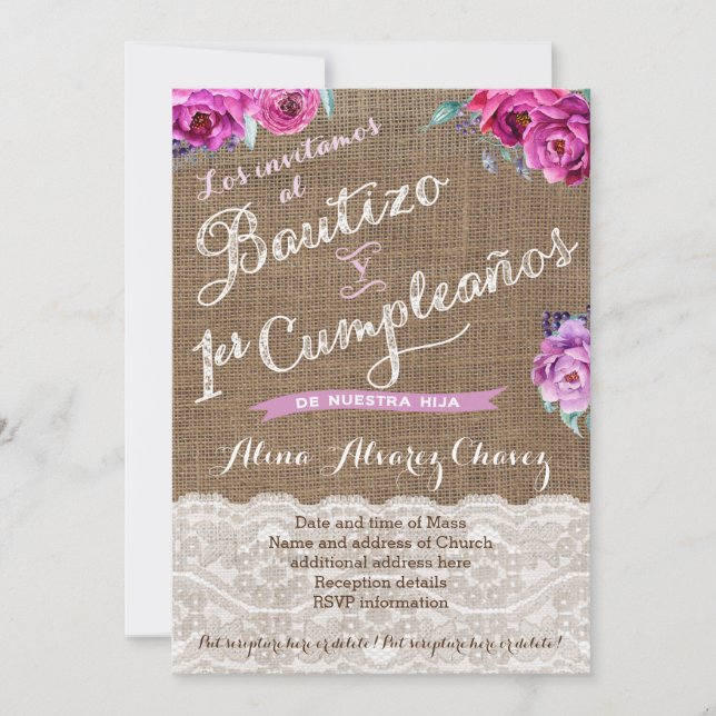 Bautizo y primer cumpleaños, invitación castellano invitation (Front)