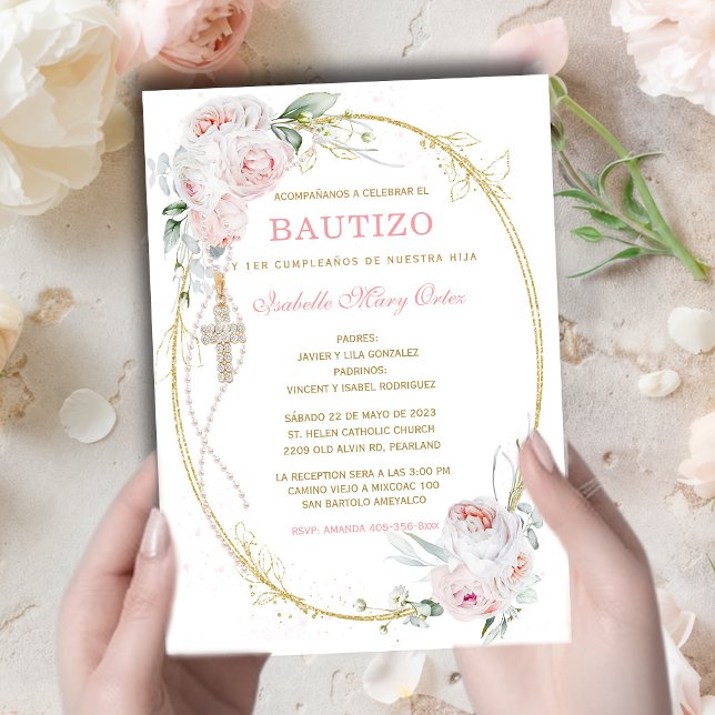 Bautizo y Primer Cumpleaños Niña Rosa Flores Oro Invitation (Creator Uploaded)